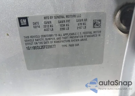 2014 Chevrolet Malibu 1Ls z USA, uszkodzony, nr VIN 1G11B5SL2EF228677